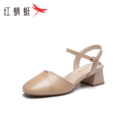 红蜻蜓包头凉鞋女夏新款女鞋粗跟后空单鞋不累脚中跟凉鞋断码清仓
