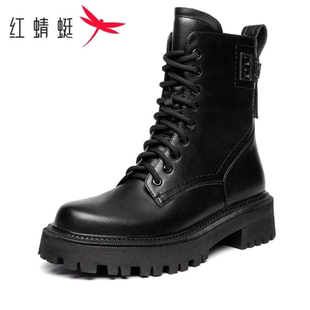 红蜻蜓女单鞋冬季英伦风工装马丁靴女百搭舒适厚底短靴断码清仓