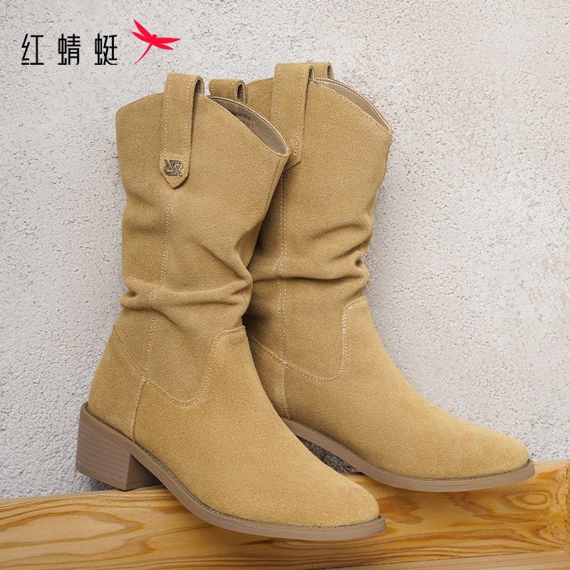 红蜻蜓女鞋秋冬新款尖头细跟骑士靴通勤时装靴中筒靴子 断码清仓