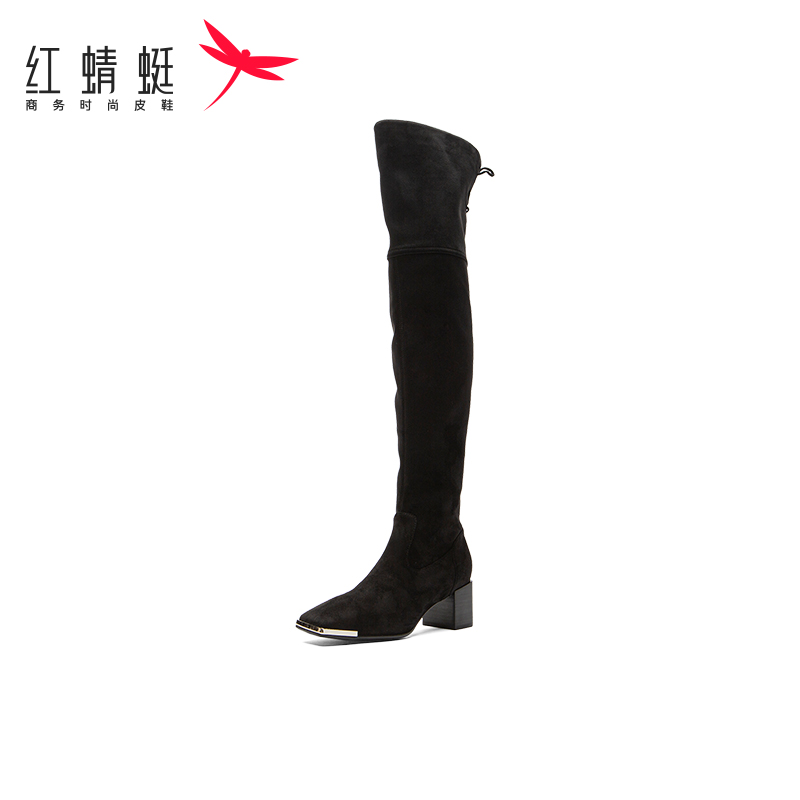 红蜻蜓过膝长靴女秋冬季款长筒靴马丁棉鞋高筒弹力瘦瘦鞋断码清仓