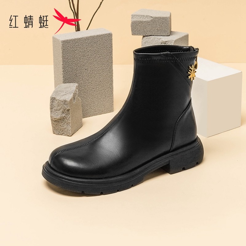 红蜻蜓厚底马丁靴女秋冬单靴新款显脚小圆头英伦正品单鞋断码清仓