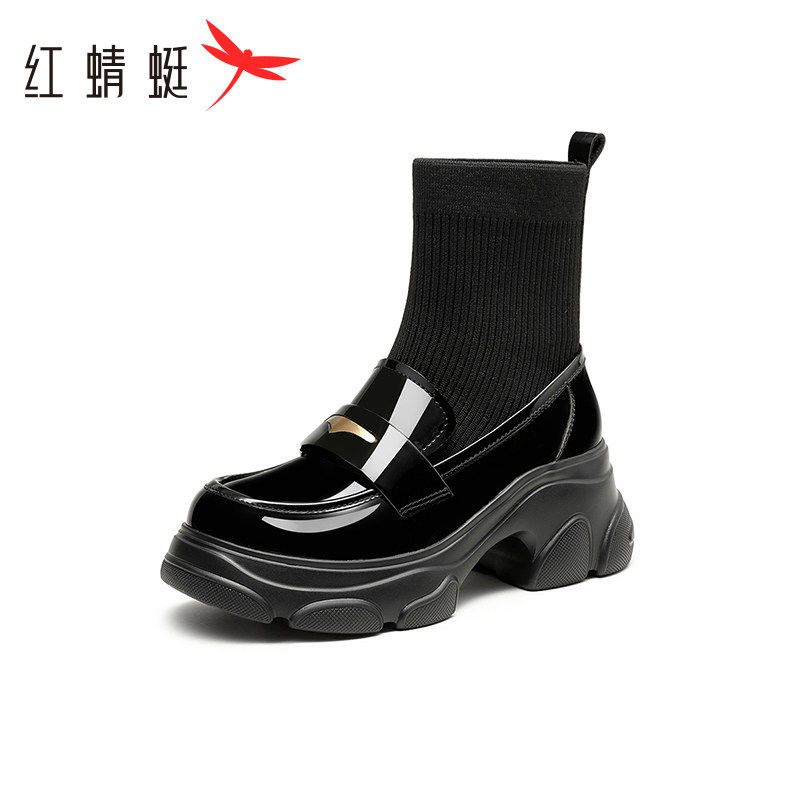 红蜻蜓女单鞋冬季新款时尚真皮时装靴单靴袜靴短靴棉鞋断码清仓