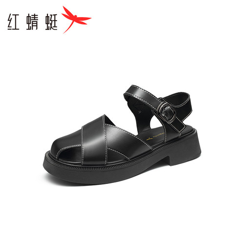 红蜻蜓女鞋真皮平底凉鞋夏季