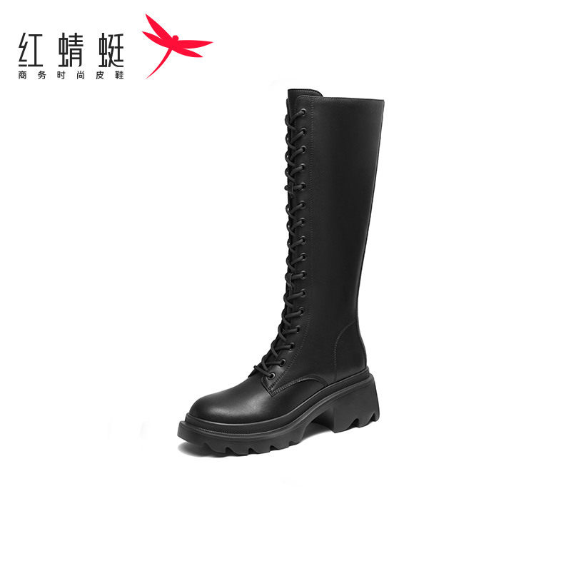 红蜻蜓女靴长筒靴秋冬款英伦复古骑士靴圆头粗中跟马丁靴断码清仓