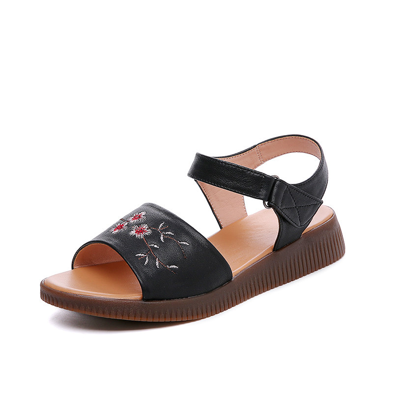 牛皮女凉鞋老人鞋外穿平底凉鞋夏季透气女鞋休闲鞋妈妈凉鞋大码鞋