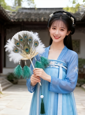 孔雀羽扇子长柄古风团扇