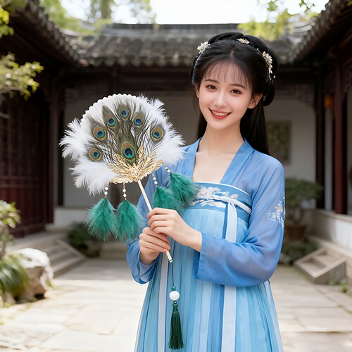 孔雀羽扇子长柄古风团扇