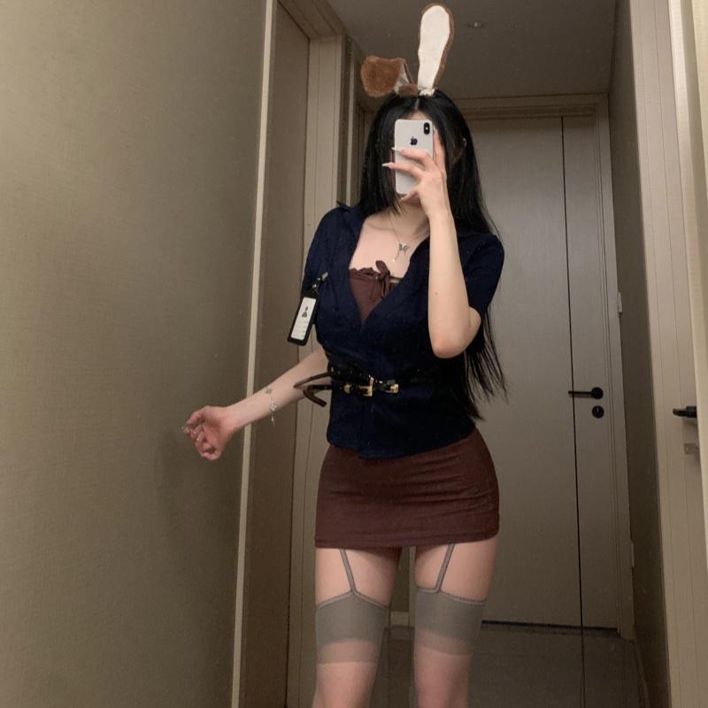 甜秘书制服紧身包臀裙纯欲性感收腰显瘦制服深V兔女郎cos套装夏薄