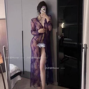 睡裙超薄性格长裙紫色蕾丝睡袍透视丝袜女夏季深V睡衣黑丝诱惑红