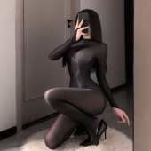 性感裸感紧身衣长袖 油亮丝滑连体衣黑丝超薄半截袜女高透长筒袜夏