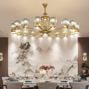 新中式 金色水晶吊灯客厅餐厅灯带射灯酒饭店别墅包厢间大圆桌吊灯
