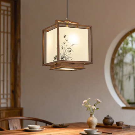 宋式实木小吊灯新中式水墨画东方美学餐厅吧台书房茶桌上方吊灯