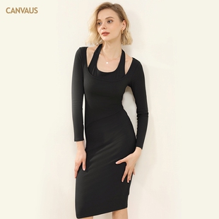 Outlets专柜正品 CANVAUS秋装新款 挂脖方领假两件中长针织连衣裙