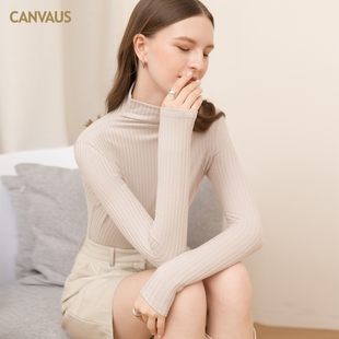 奥特莱斯品牌折扣 CANVAUS秋装新款高领修身纯色撞色螺纹打底衫女
