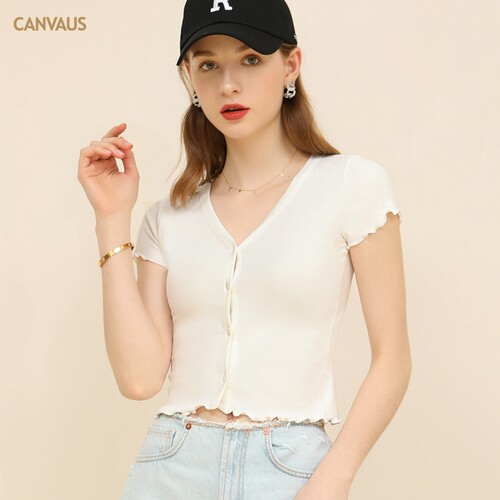 V领短袖休闲木耳边T恤女