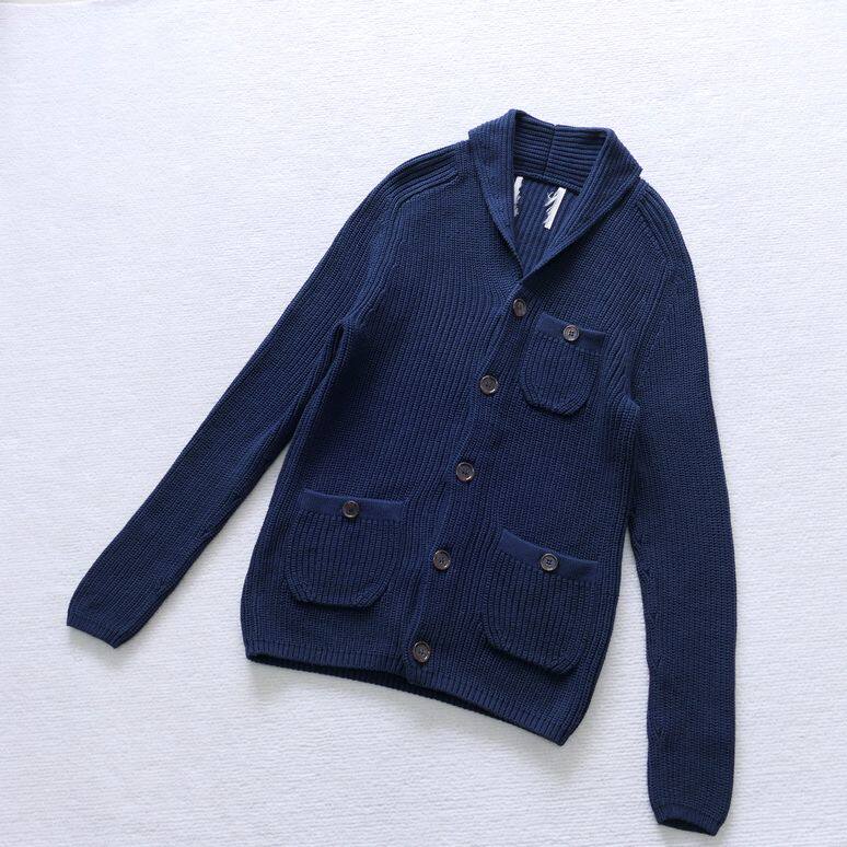 男款 小码 外贸出口尾货复古口袋青果领毛衣开衫 棉线不扎 藏青色