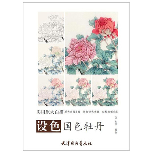 详细设色步骤 书籍 实用原大白描 国画技法 临摹与欣赏 花卉画 天津杨柳青画社 牡丹 正版 设色国色牡丹 原大白描画稿 林梓编绘