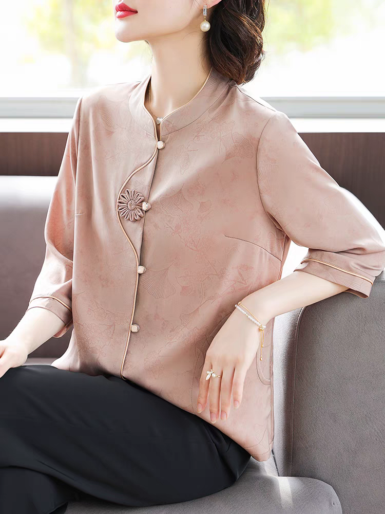 母亲节妈妈夏装中袖国风桑蚕丝衬衫洋气中老年女装新中式真丝上衣