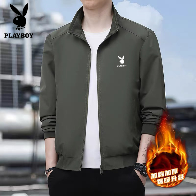 花花公子秋冬加棉加厚立领夹克男士时尚百搭风衣户外休闲外套上衣