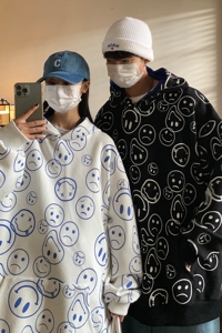 情侣装秋装新款 满身笑脸印花连帽情侣卫衣 宽松外套D221 P68男类图片