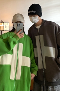情侣装秋装拼接撞色棒球服十字架元素开衫卫衣外套D220P68男类
