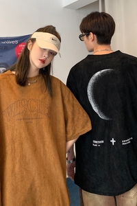 2022情侣装夏装 鹿皮绒印花情侣短袖t恤宽松上衣 D213 P35 女类图片