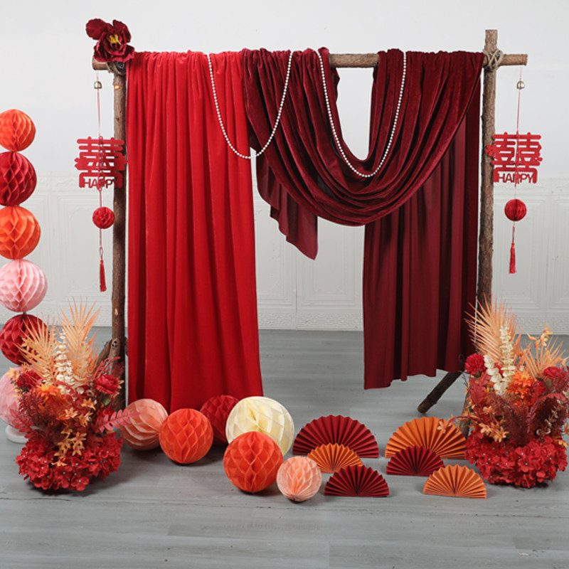酒红色婚庆场景装饰加厚金丝绒布