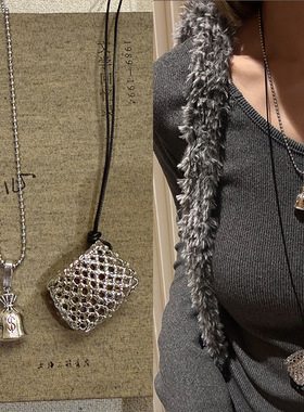小众银色网格钱袋子长款项链女
