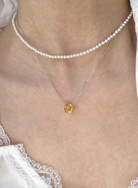 S925纯银招财黄色方糖皓石锁骨链