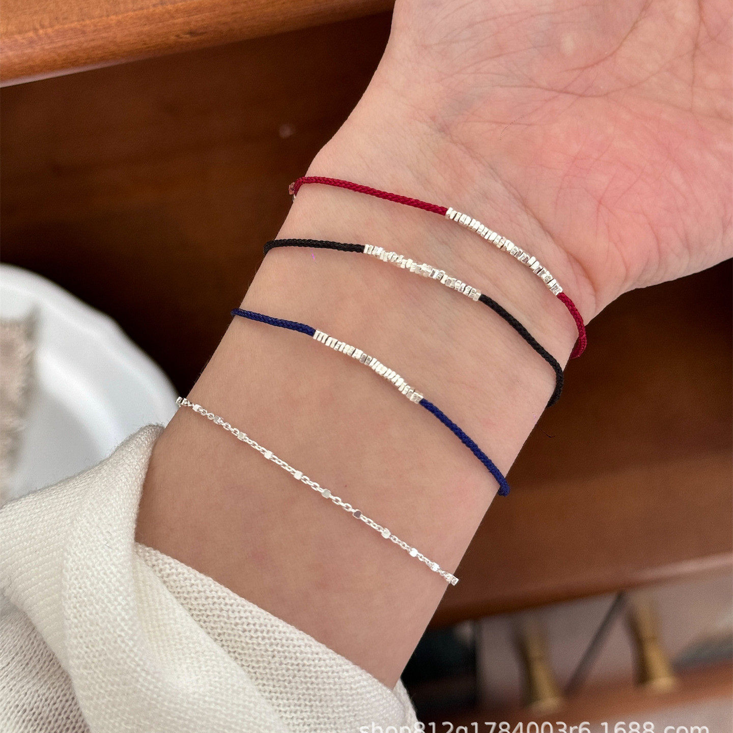S925纯银红绳碎银手链