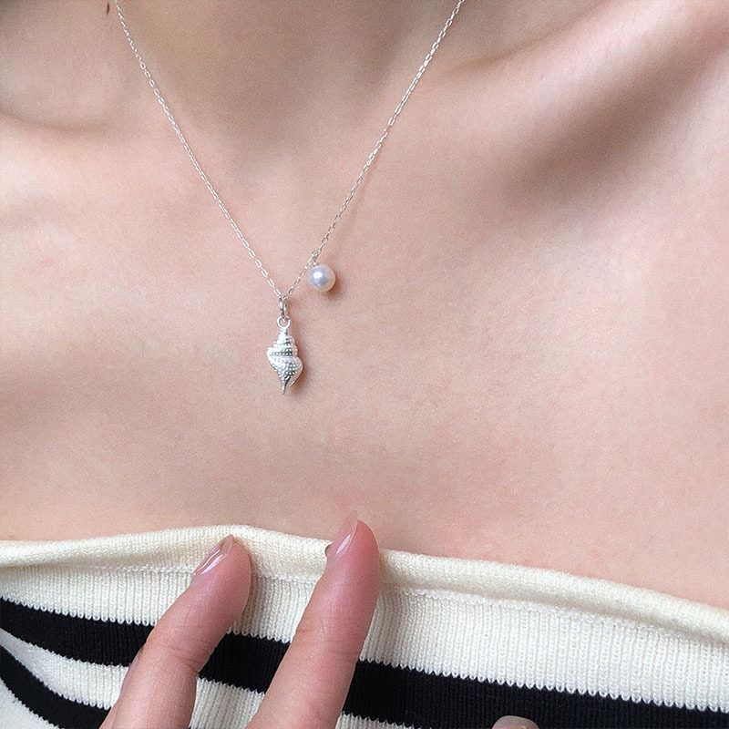 S925纯银天然淡水珍珠海螺项链女图片