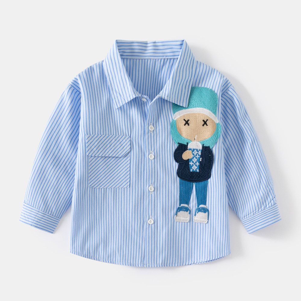 儿童条纹衬衫洋气春季新款纯棉男童卡通上衣宝宝长袖翻领衬衣9090