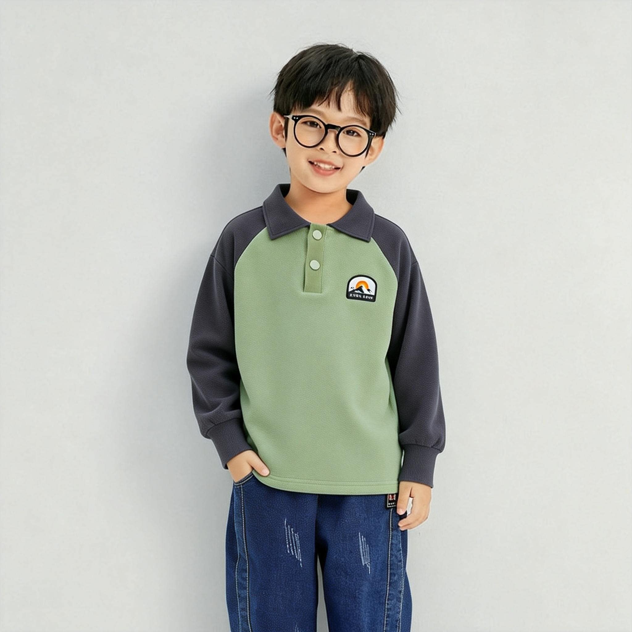 男童加绒卫衣秋冬季中大童奥粒绒翻领POLO打底衫加绒保暖上衣2381