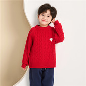 潮8155 儿童绞花线衣针织衫 男童圆领毛衣加绒加厚红色新年装 秋冬季