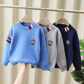 男童圆领毛衣纯棉2025春秋季 中大童儿童加绒棉线衣男孩打底衫 8019