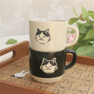 圻诺家日式卡通黑色水杯釉下彩粗陶高级质感小猫咖啡杯学生马克杯
