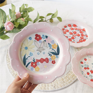 圻诺家 出口日本 山口麻子手绘草莓粗瓷餐盘 可爱兔子早餐甜品盘