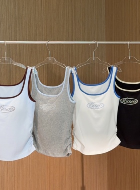 含胸垫美式字母背心撞色拼接吊带女修身显瘦印花辣妹风上衣美背