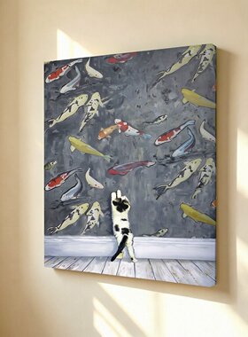 无框画Timothy清新治愈观鱼小猫黑白奶牛猫彩锦鲤卧室装饰画挂画