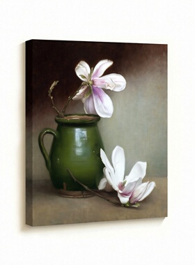 无框画Henrietta绿陶罐玉兰花法式中古风餐厅花卉客厅装饰画挂画