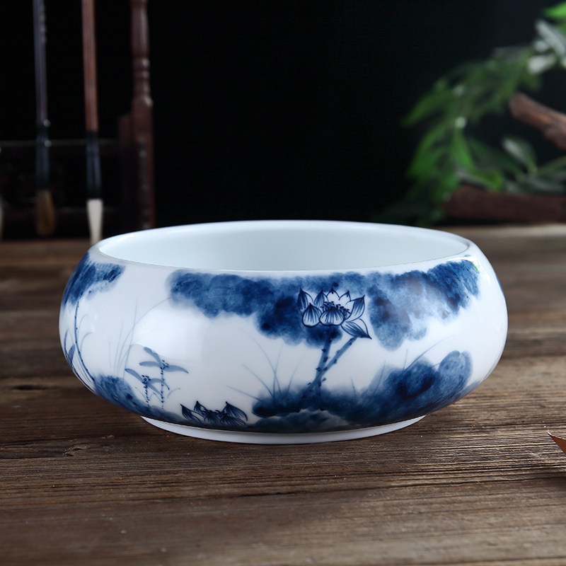 吴氏品雅茶洗缸高端手绘亭亭净植青花瓷白瓷陶瓷水盂杯洗家用茶具