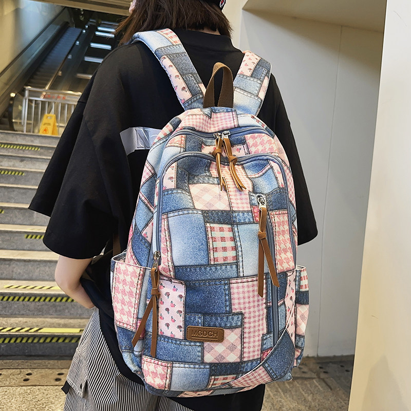 帆布双肩包女休闲百搭大学生学院校园书包初中生高中旅行背包格子