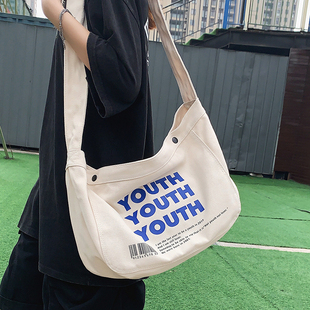潮牌斜挎包女大容量新款包包大学生上课包帆布单肩包通勤托特包男