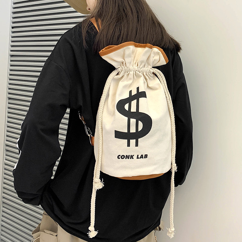 CASUAL CROSSBODY BAG WOMENS PERSONALITY CANVAS BAG MULTIFUNCTIONAL BACKPACK DUAL-PURPOSE DRAWSTRING POCKET SHOULDER BAG INS TIDE BACKPACK
