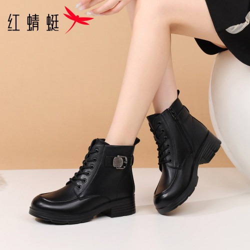 红蜻蜓女冬季加绒牛皮马丁靴