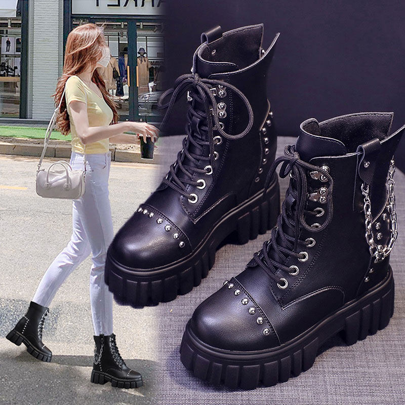 英伦风秋冬马丁靴女2024新款百搭黑色防水台短筒靴厚底内增高女靴
