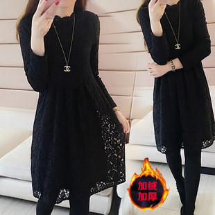 加绒加厚打底衫女秋冬新款大码女装显瘦胖mm宽松中长款蕾丝连衣裙