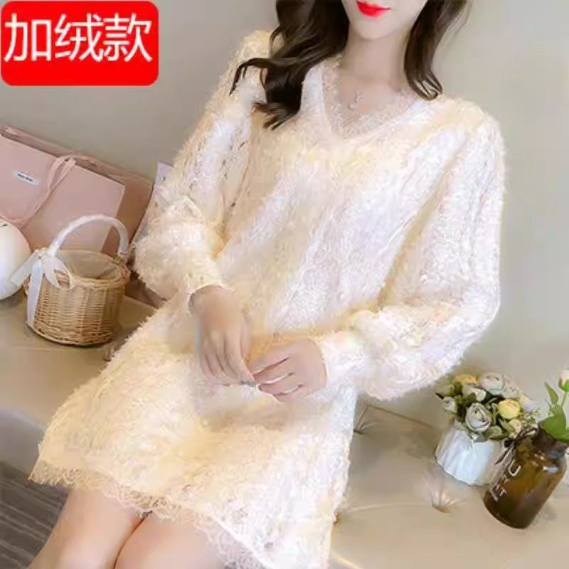 蕾丝加绒打底衫女长袖秋冬新款宽松大码连衣裙中长款t恤加厚上衣