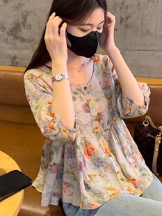 洋气减龄娃娃衫 高级感碎花遮肚子t恤女2024夏季 时尚 短袖 上衣 新款