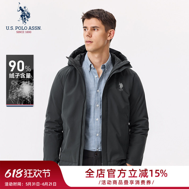 USPA男士羽绒服连帽保暖商务休闲防寒鸭绒美式保罗羽绒上衣外套